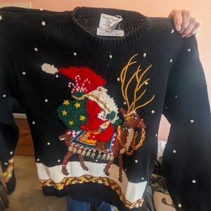Vintage large Mary Engelbreit hand knit Santa and reindeer Christmas sweater